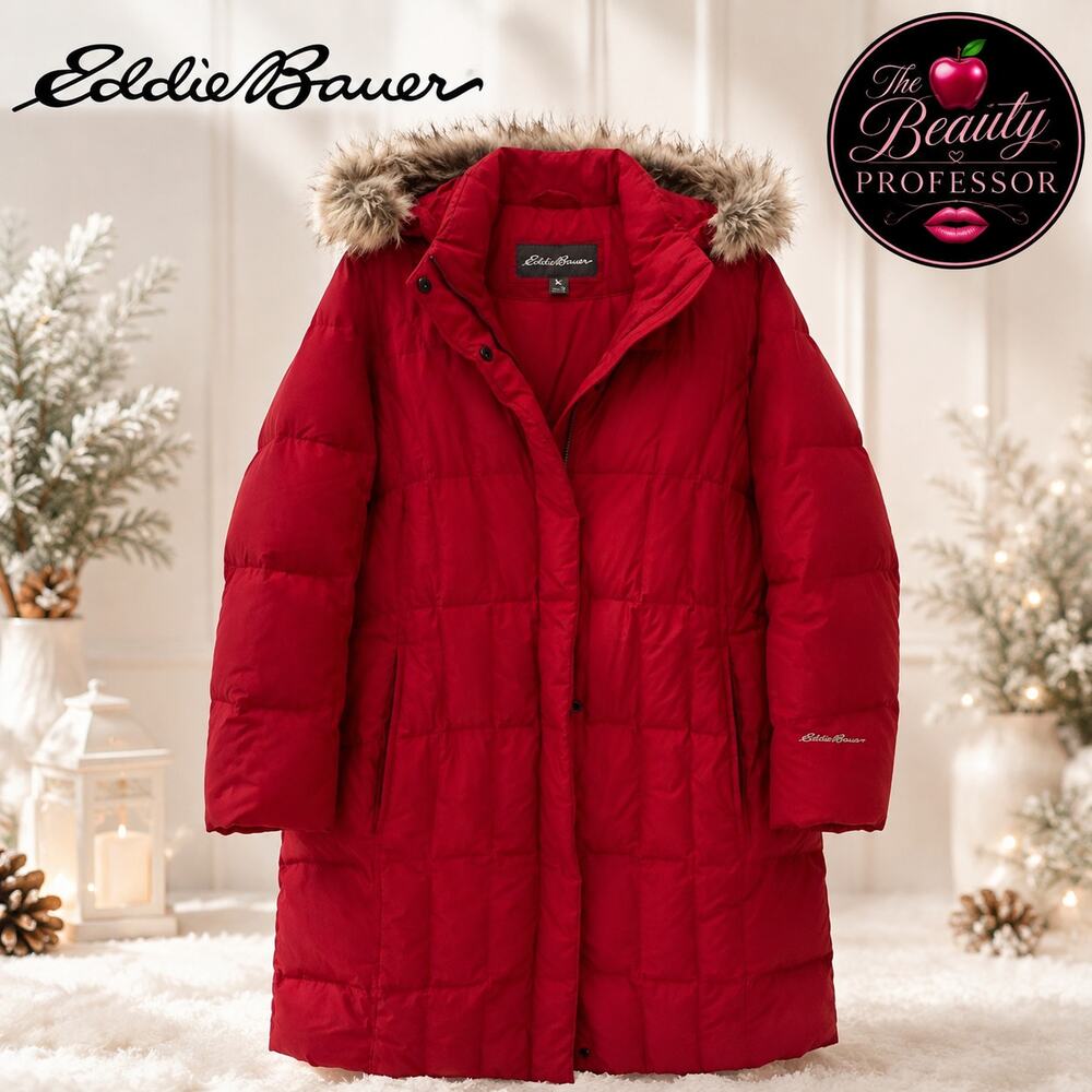 💞 Eddie Bauer 1X Red Long DowPuffer Coat Faux Fur Hood Winter Parka